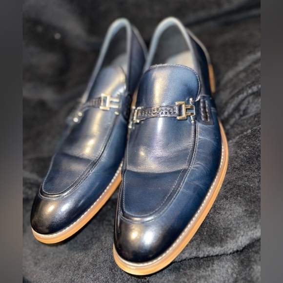 Blue and Brown Leather Slip-On Loafers with Horsebit Detail - Picture 1 of 15